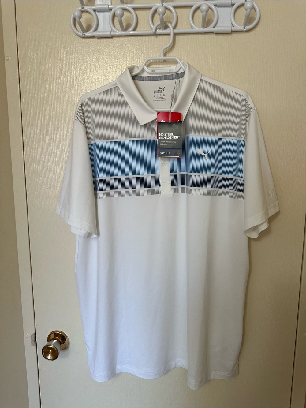 Puma White Polo with Light Blue and Gray Stripe Chest